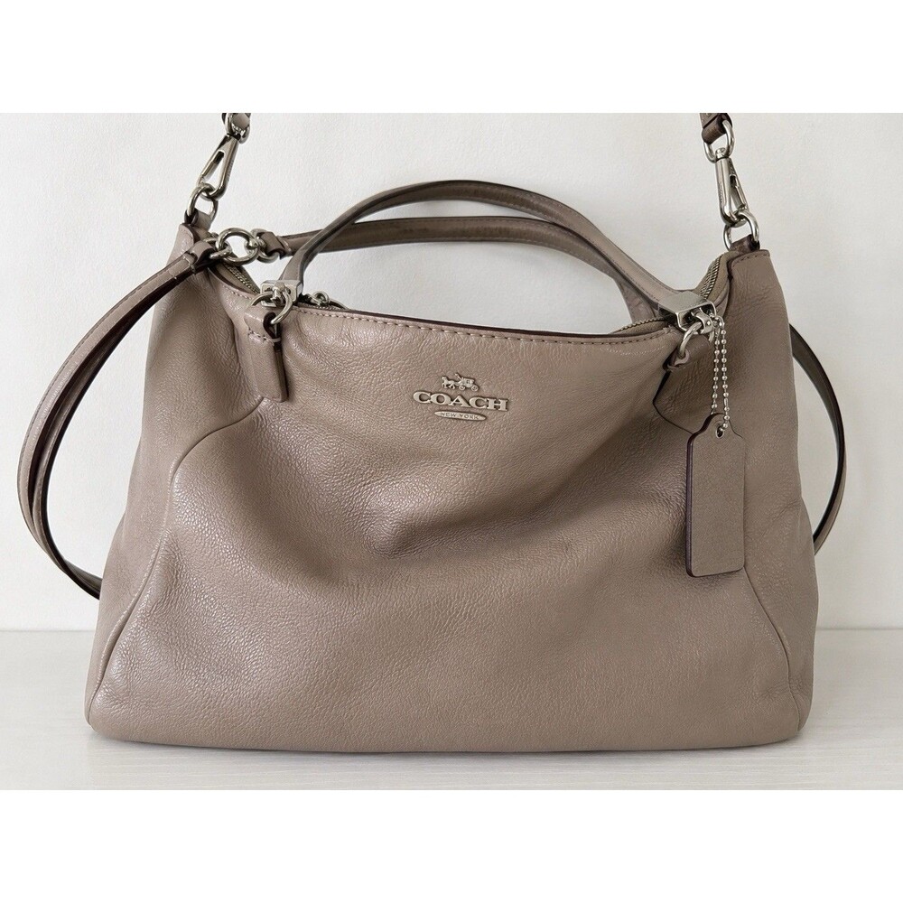Coach Pebbled Leather Shoulder Bag Taupe Gray Convertible Satchel Purse